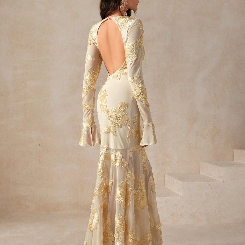 Apricot Elegant Women's Floral Embroidered Backless Fishtail Dress - Picture 2 of 6